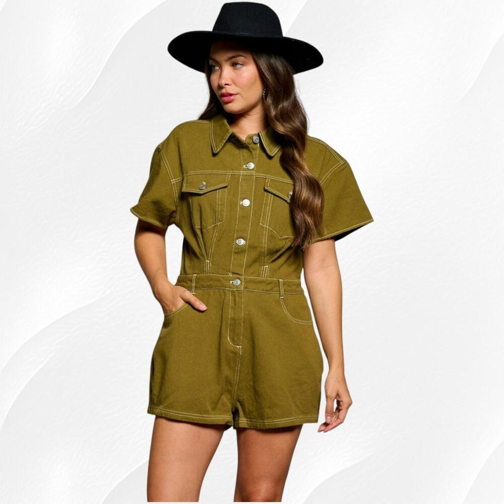 NWT Peach Love Womens Denim Romper Short Sleeve Khaki Green